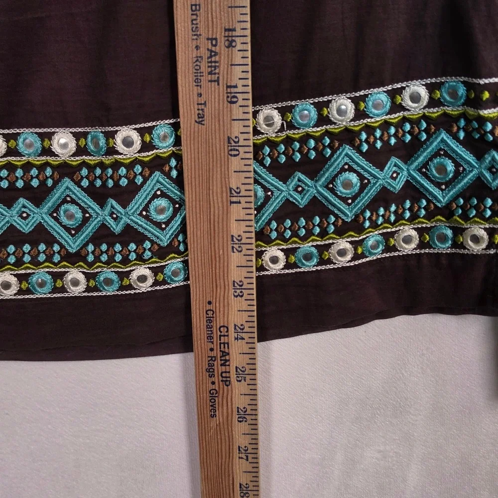 Tory Burch Tunic Women 2 Brown Boho Coastal Festival Embroidered Blue Resortwear